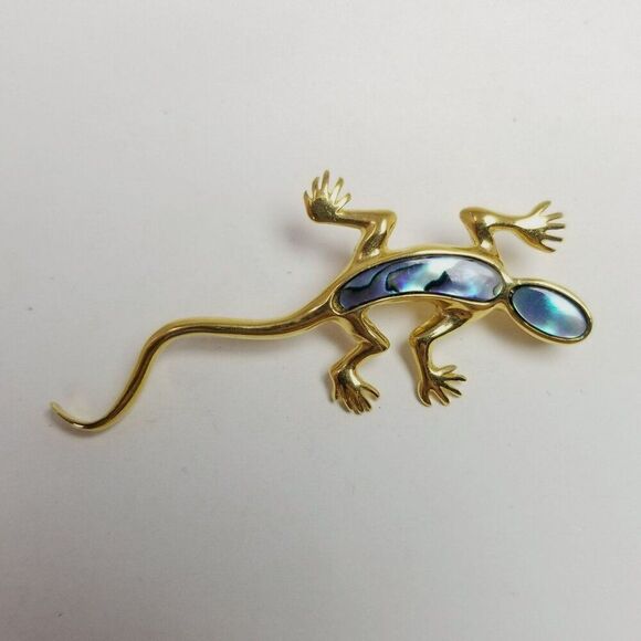 Vintage Ariki Gecko Lizard Shape Mother of Pearl Gold Tone Brooch, Abalone - Picture 6 of 7